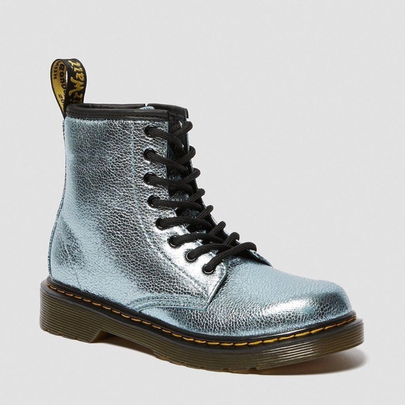 Dr Martens 1460 J girls crinkle metallic zip lace up combat boots silver - Picture 1 of 5